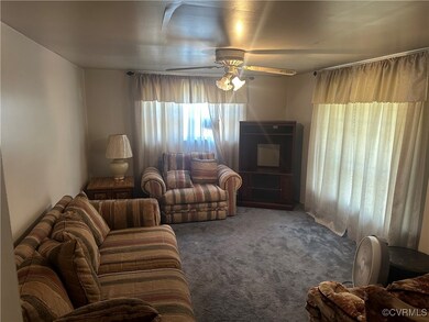 Carpeted living room with ceiling fan and a wealth