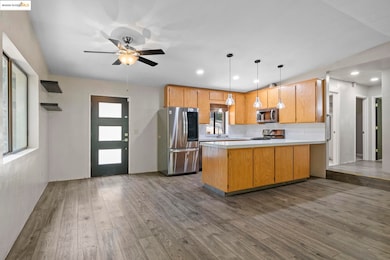 Kitchen featuring stainless steel appliances, dark wood-style flooring, a peninsula, ceiling fan, and recessed lighting