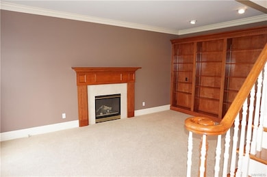 Living room with fireplace and built in shelves.