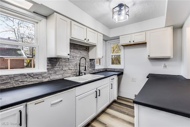 Kitchen with dark countertops, decorative backsplash, white dishwasher, a textured ceiling, and dark wood-style floors