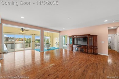 Unfurnished living room with wood finished floors, recessed lighting, and a ceiling fan