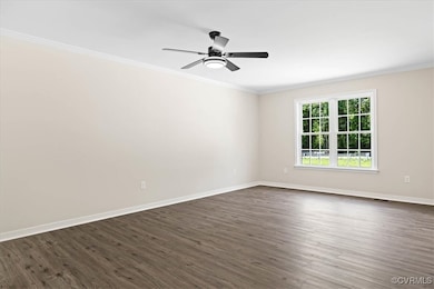 Spare room featuring ornamental molding, dark LVP