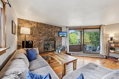 Living room with hardwood / wood-style floors, a fireplace, and a baseboard heating unit