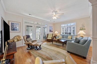 Living room with ceiling fan, light hardwood / woo