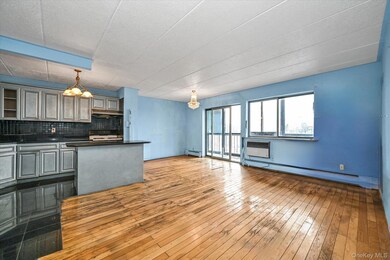Kitchen featuring dark countertops, tasteful backsplash, wood-type flooring, and a baseboard heating unit