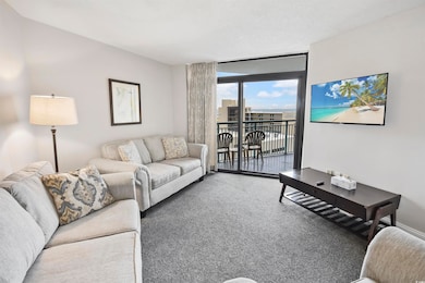 Carpeted living room featuring a wall of windows
