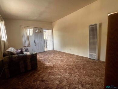 Living room featuring dark colored carpet and a heating unit