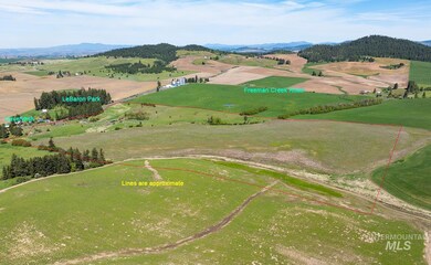 Overview of rural landscape featuring property boundaries highlighted and a mountain backdrop