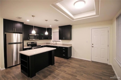 Kitchen with dark cabinetry, stainless steel appliances, a center island, a raised ceiling, and decorative light fixtures