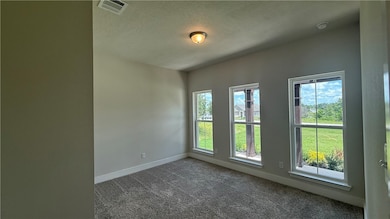 Carpeted spare room with baseboards and a textured