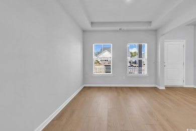 Spare room with light wood-style floors and a tray ceiling