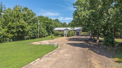 View of green lawn with concrete driveway