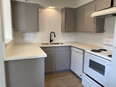Modern kitchen with light gray cabinets, white cou