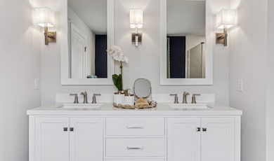 Primary bath with freestanding vanity