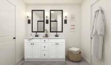 Primary bath with freestanding dual vanities