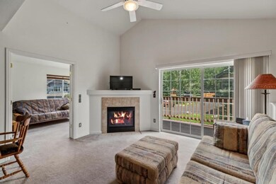 Living room featuring carpet flooring, a tile fire