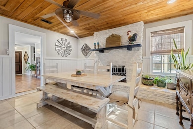 Dining room featuring wood ceiling, light tile pa