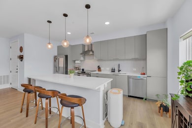 Kitchen with stainless steel appliances, gray cab