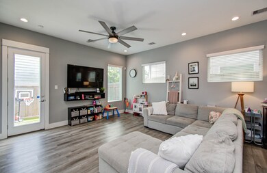 Bright and inviting living room with modern gray w