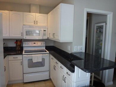 black granite counters with white cabinets