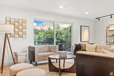 Living area featuring recessed lighting, a mountain view, track lighting, and wood finished floors