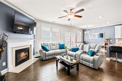 Living room featuring dark wood-type flooring, a h