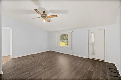 Entrance foyer featuring dark wood finished floors, vaulted ceiling, ceiling fan, and a textured ceiling