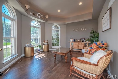 Sitting room featuring a raised ceiling, wood finished floors, and recessed lighting