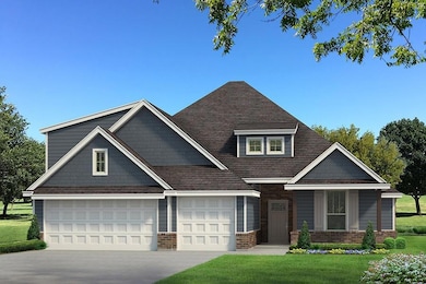 Craftsman-style house featuring a front yard, brick siding, driveway, a shingled roof, and a garage