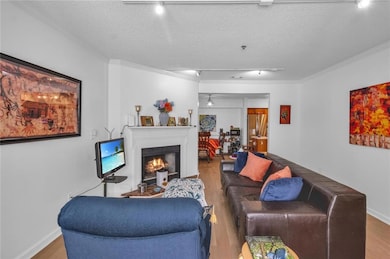 Living room with track lighting, a textured ceiling, wood finished floors, ornamental molding, and a warm lit fireplace