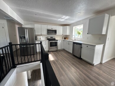 Kitchen featuring appliances with stainless steel finishes, a sink, dark wood-style floors, a textured ceiling, and light countertops