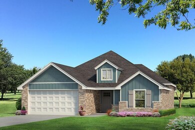 View of front of property with board and batten siding, brick siding, a garage, and a front yard