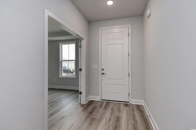 Doorway to outside with light hardwood / wood-styl