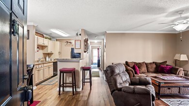 Living room featuring a textured ceiling, light wood-type flooring, crown molding, and a ceiling fan
