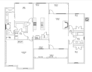 This house plan shows a generous open concept. From the front entryway is a clear view of the backyard through the large living room picture windows. Around the corner is a spacious kitchen with a large island facing the living room and fireplace. Ki