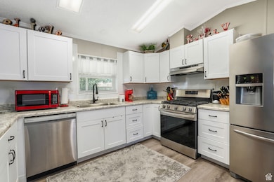 Kitchen with stainless steel appliances, light wood-style flooring, ornamental molding, light countertops, and under cabinet range hood