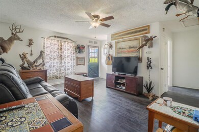 Living room featuring dark wood-type flooring, a t