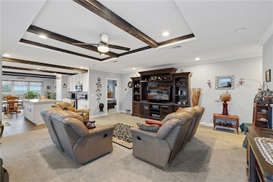 Living room with a ceiling fan, ornamental molding