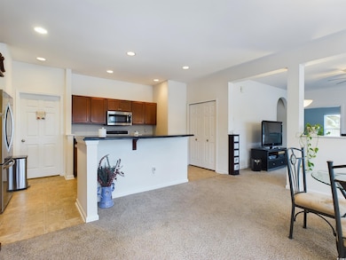 Kitchen with light colored carpet, appliances with