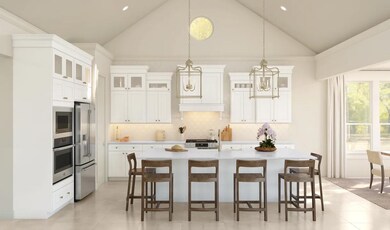 Kitchen with glass upper cabinets and sloped ceiling