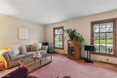 Carpeted living room with a textured ceiling and baseboards