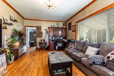 Living area with crown molding, a chandelier, light wood-style floors, and a desk