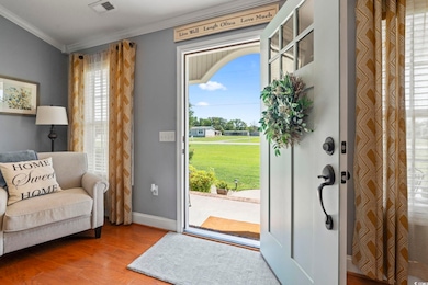 Entrance foyer featuring wood finished floors, crown molding, healthy amount of natural light, and baseboards
