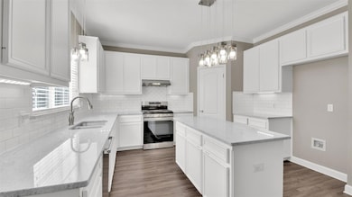 Kitchen featuring gas range, a sink, under cabine