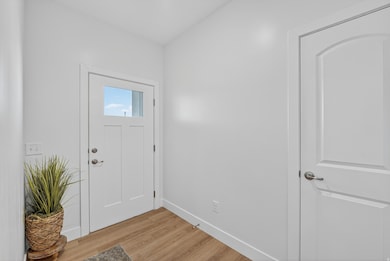 Entry with laminate floor and coat closet.