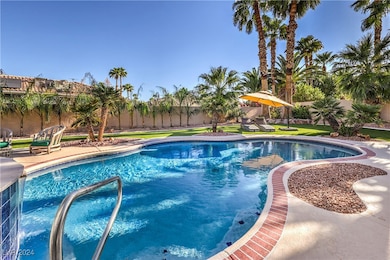 Surrounded by mature palm trees, the backyard oasi
