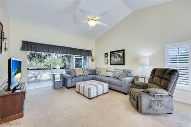 Carpeted living area with high vaulted ceiling, a