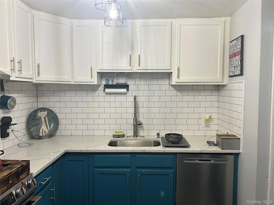 Kitchen featuring blue cabinetry, white cabinets, and stainless steel appliances