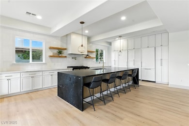 Kitchen featuring a tray ceiling, open shelves, li