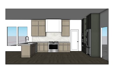 Kitchen with appliances with stainless steel finishes, backsplash, a peninsula, light brown cabinets, and dark wood-type flooring